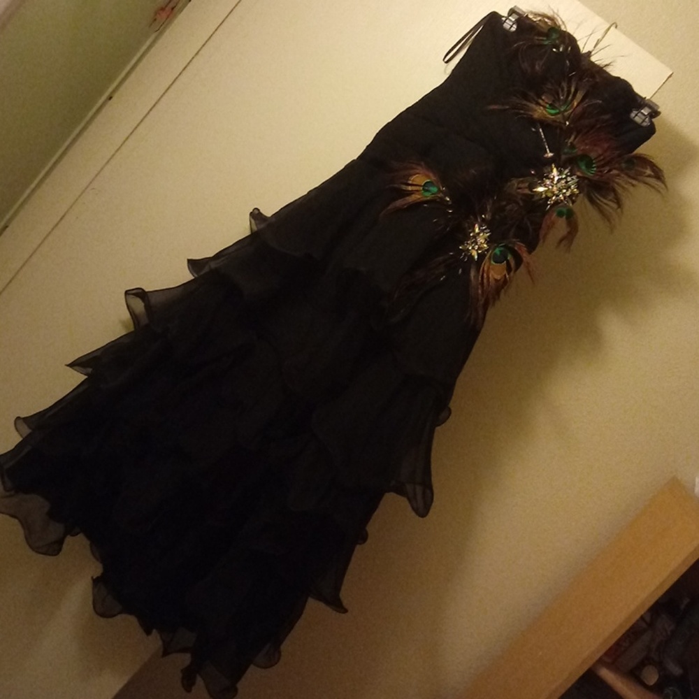 Long black dress with feather dsighn